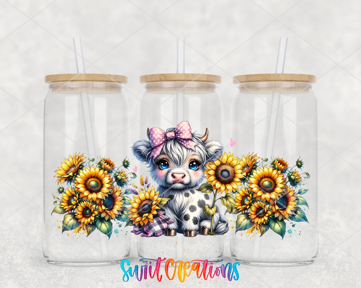 Baby Highland Cow UV DTF full wrap on three glass cans