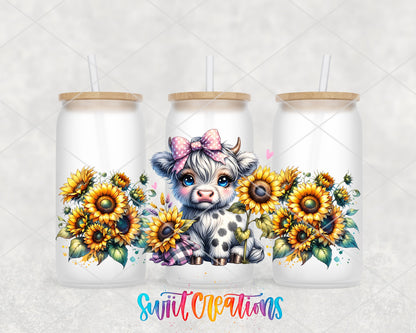 Baby Highland Cow UV DTF full wrap on three frosted glass cans