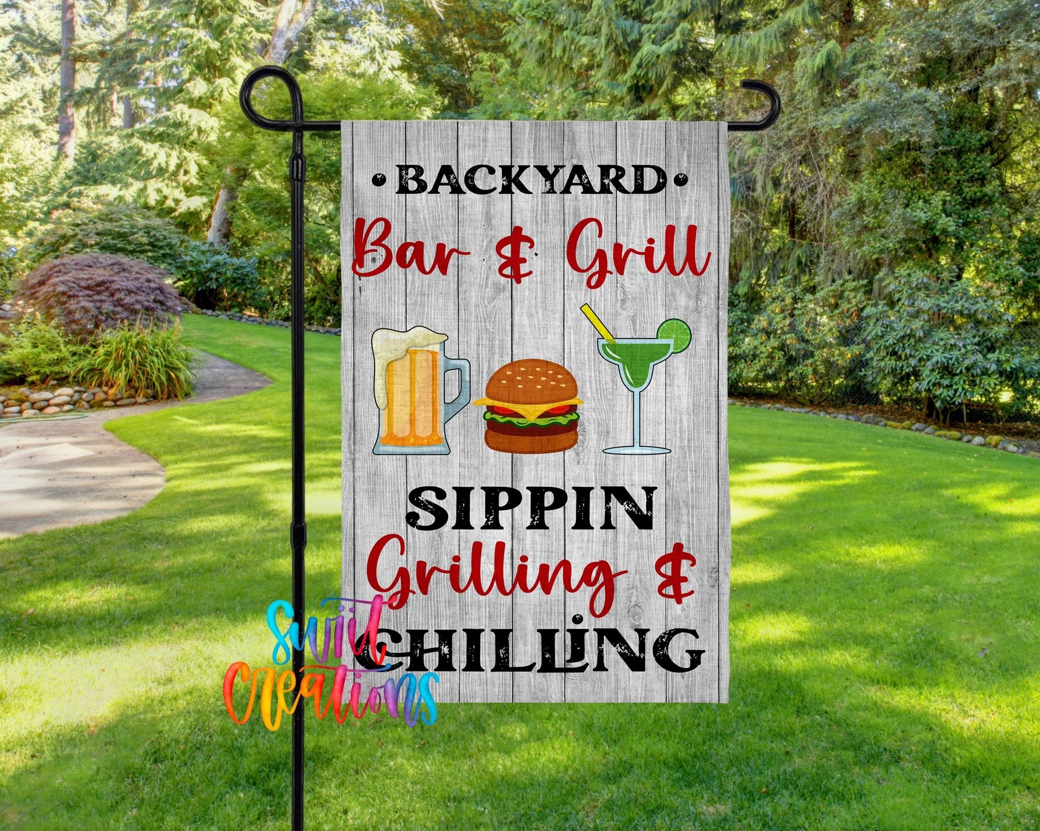 Backyard Bar & Grill Yard Flag | BBQ Garden Flag | Sippin Grilling & Chilling Outdoor Decor | Patio Party Flag | YF71 - Swiit Creations