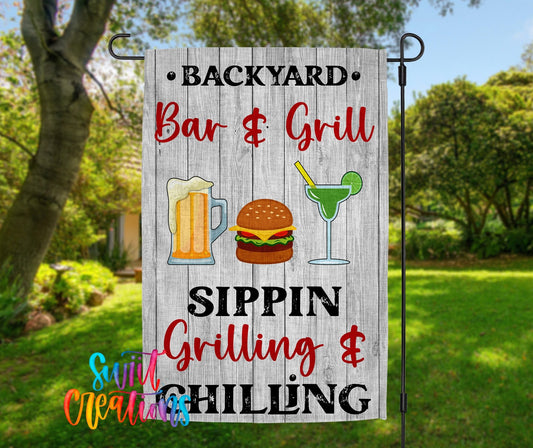 Backyard Bar & Grill Yard Flag | BBQ Garden Flag | Sippin Grilling & Chilling Outdoor Decor | Patio Party Flag | YF71 - Swiit Creations