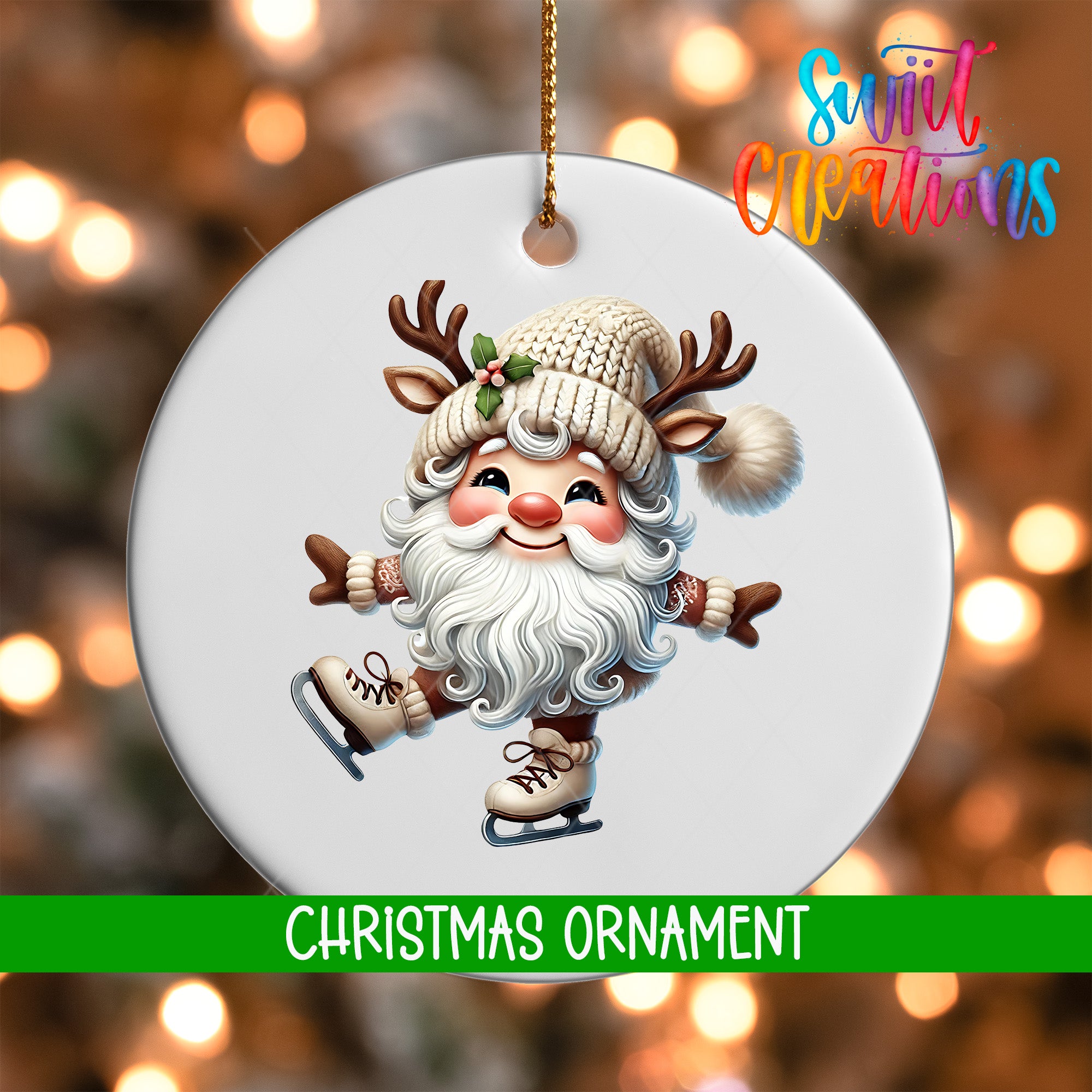 A white Christmas ornament featuring a smiling Santa Claus with antlers, wearing a knit hat and skates, against a blurred background of Christmas lights.