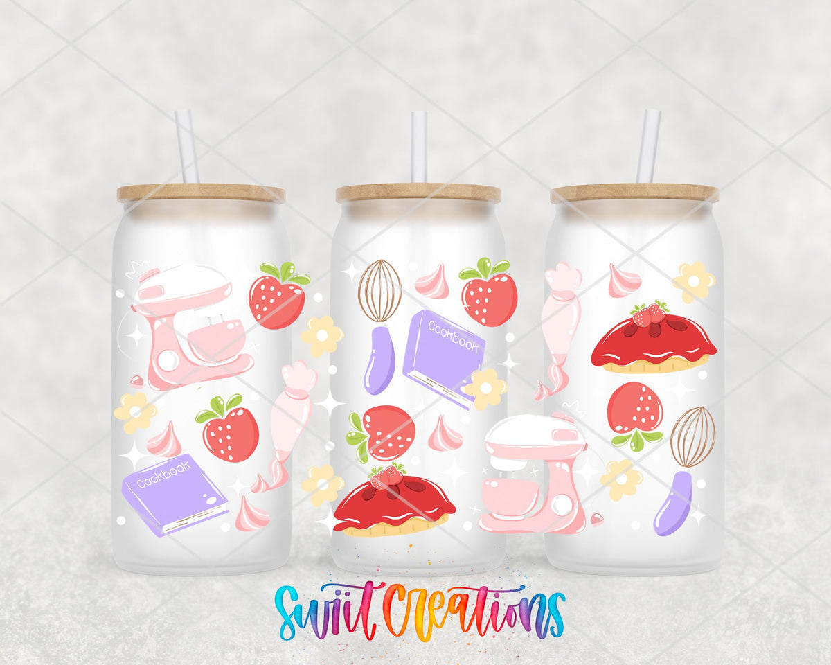 Strawberry Pie Baking UV DTF full wrap on three frosted glass cans