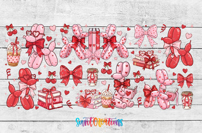 Balloon Valentine UV DTF full wrap artwork on a white wood background