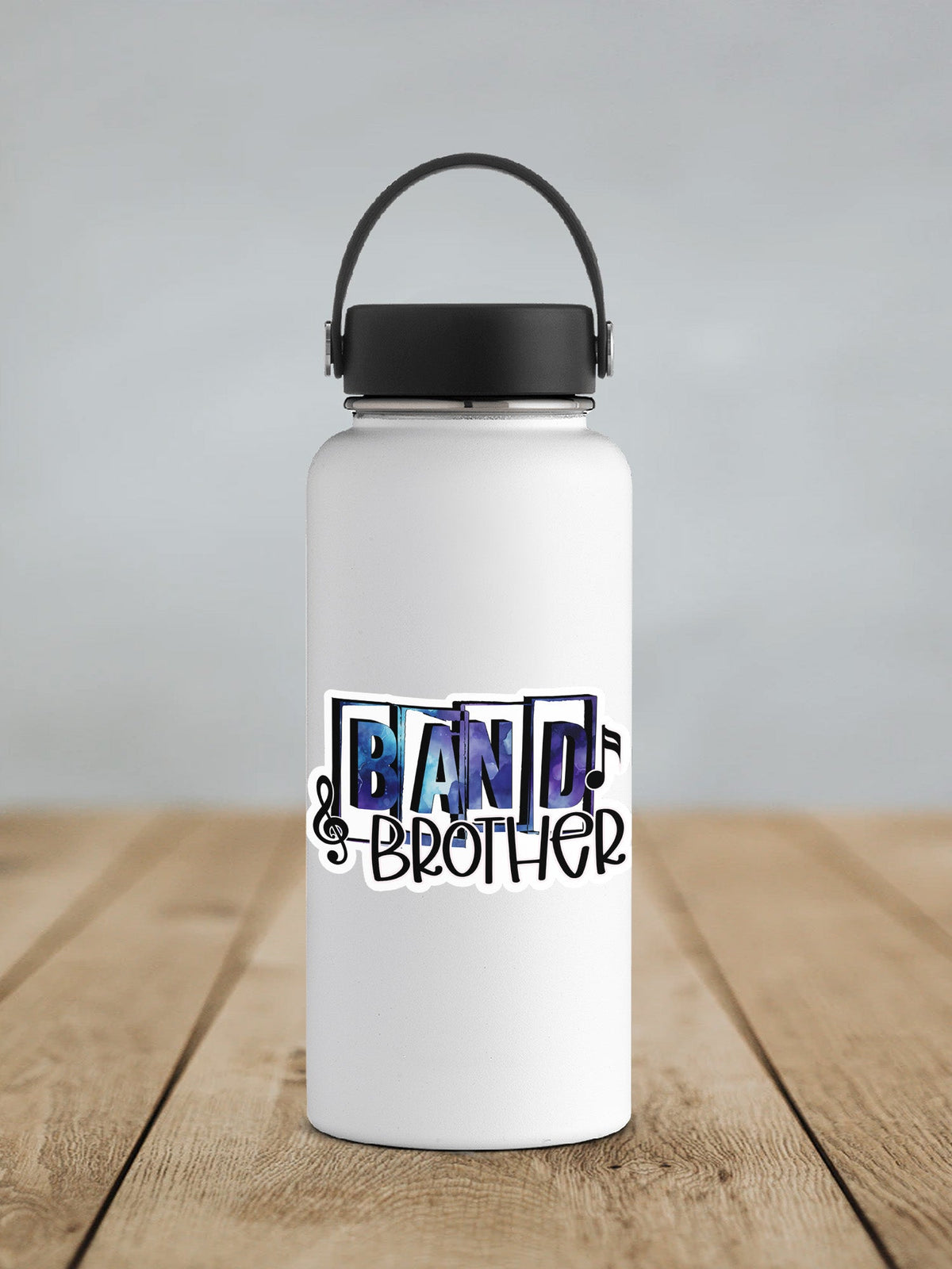 Blue Band Brother sticker on a white insulated water bottle