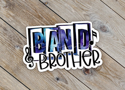 Close-up of the Blue Band Brother sticker on rustic wood