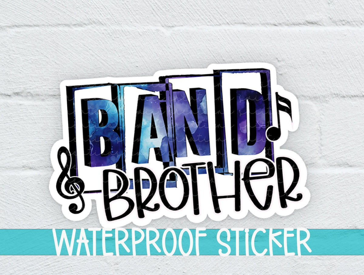 Blue Band Brother sticker on a white brick background with a waterproof sticker banner
