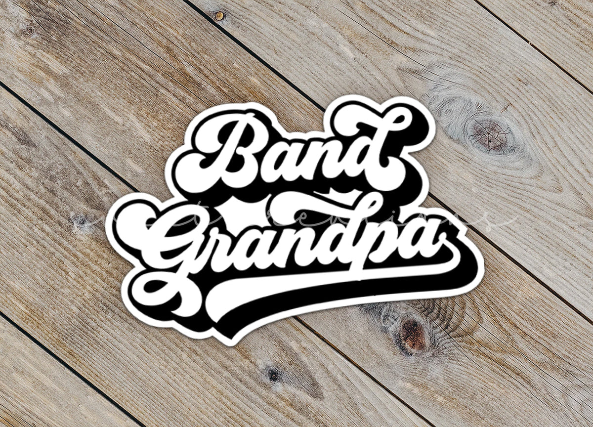 Close-up of the Retro Band Grandpa sticker on rustic wood