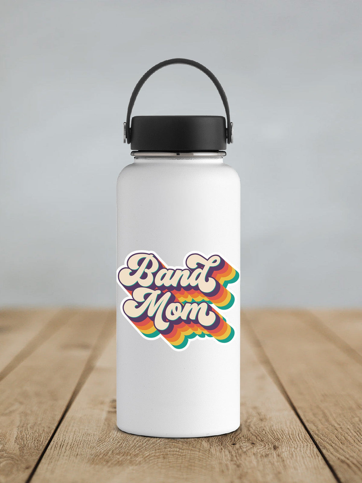 Retro Band Mom sticker on a white insulated water bottle