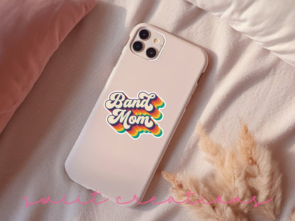 Retro Band Mom sticker on a pink phone case