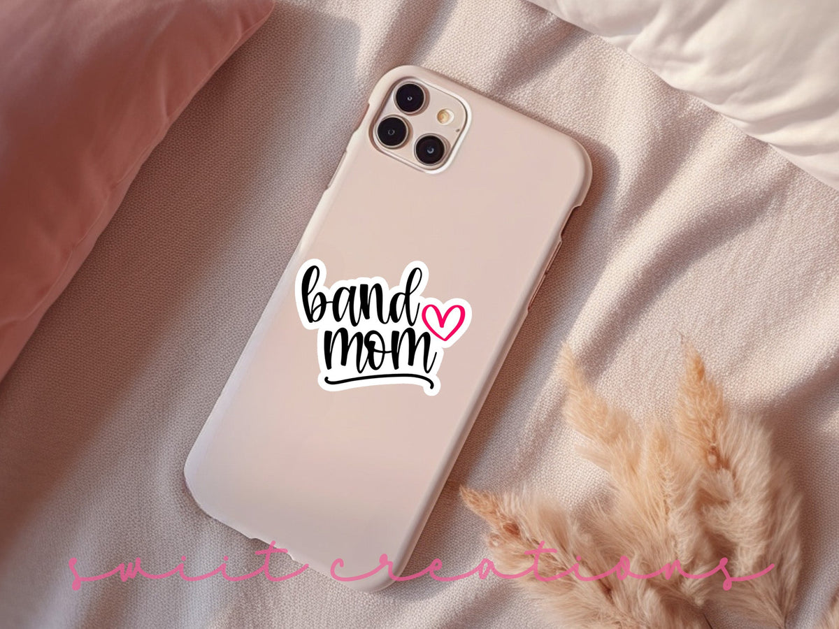 Pink Heart Band Mom sticker on a pink phone case