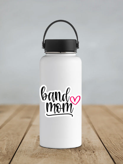 Pink Heart Band Mom sticker on a white insulated water bottle