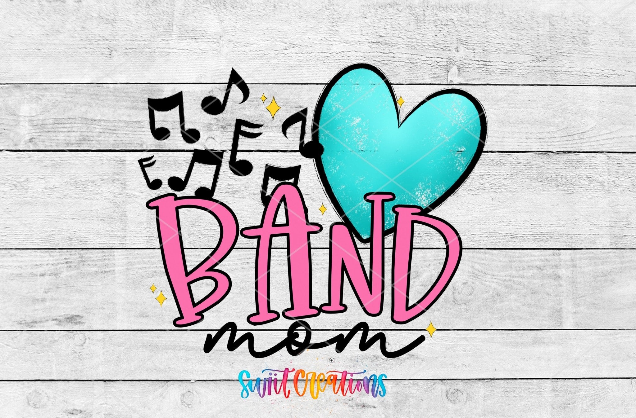 Band Mom UV DTF transfer shown as a full artwork preview from Swiit Creations