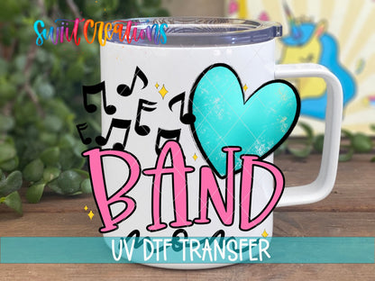 Band Mom UV DTF transfer on a white stainless steel mug with a lid