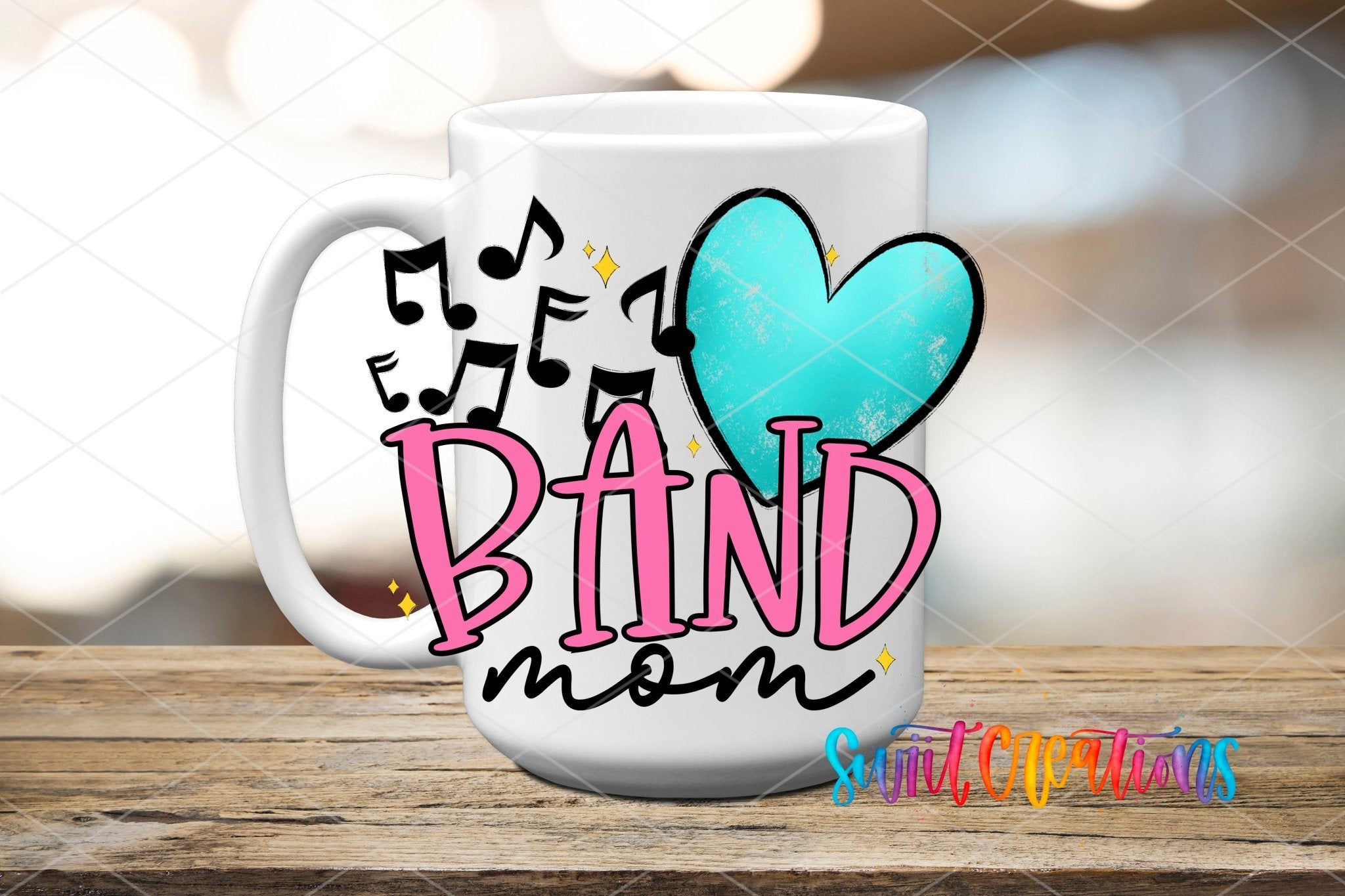 Band Mom UV DTF transfer displayed on a white ceramic mug from Swiit Creations