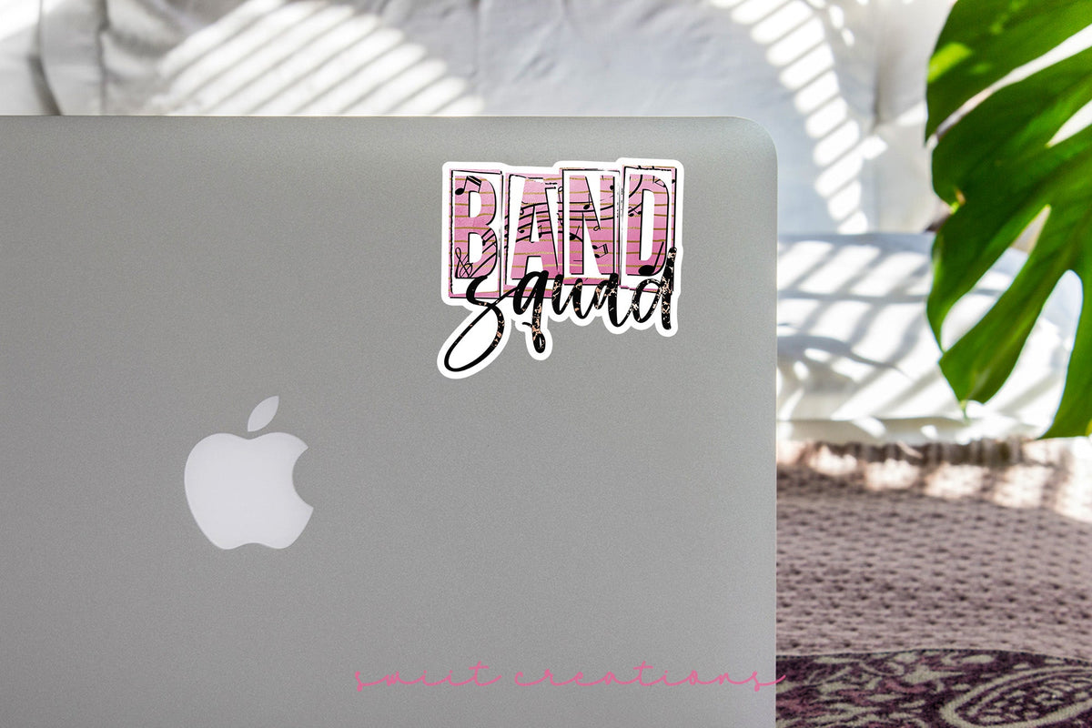 Band Squad sticker on the lid of a silver laptop
