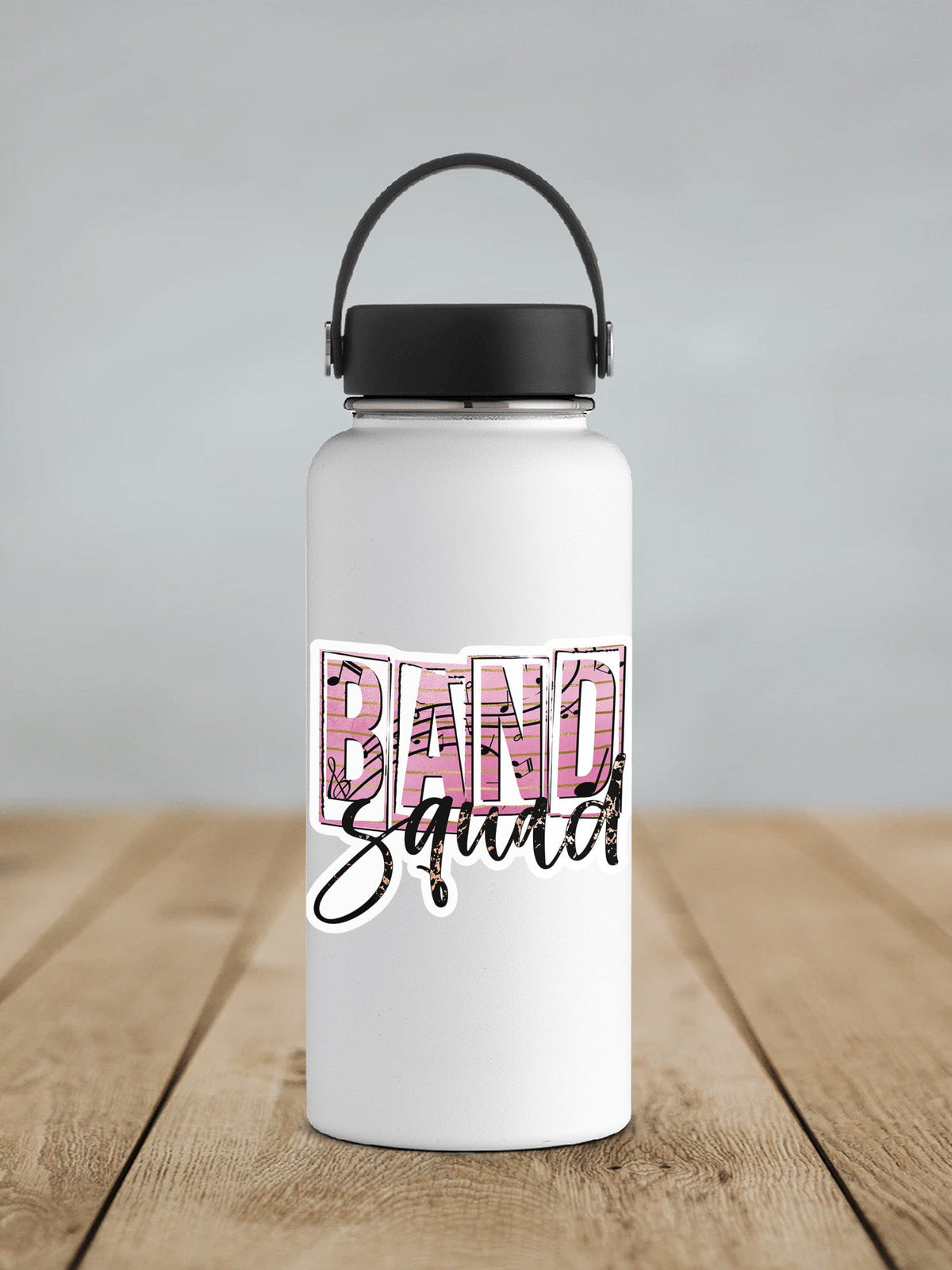 Band Squad sticker on a white insulated water bottle