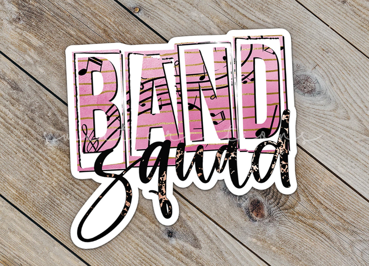 Close-up of the Band Squad sticker on rustic wood