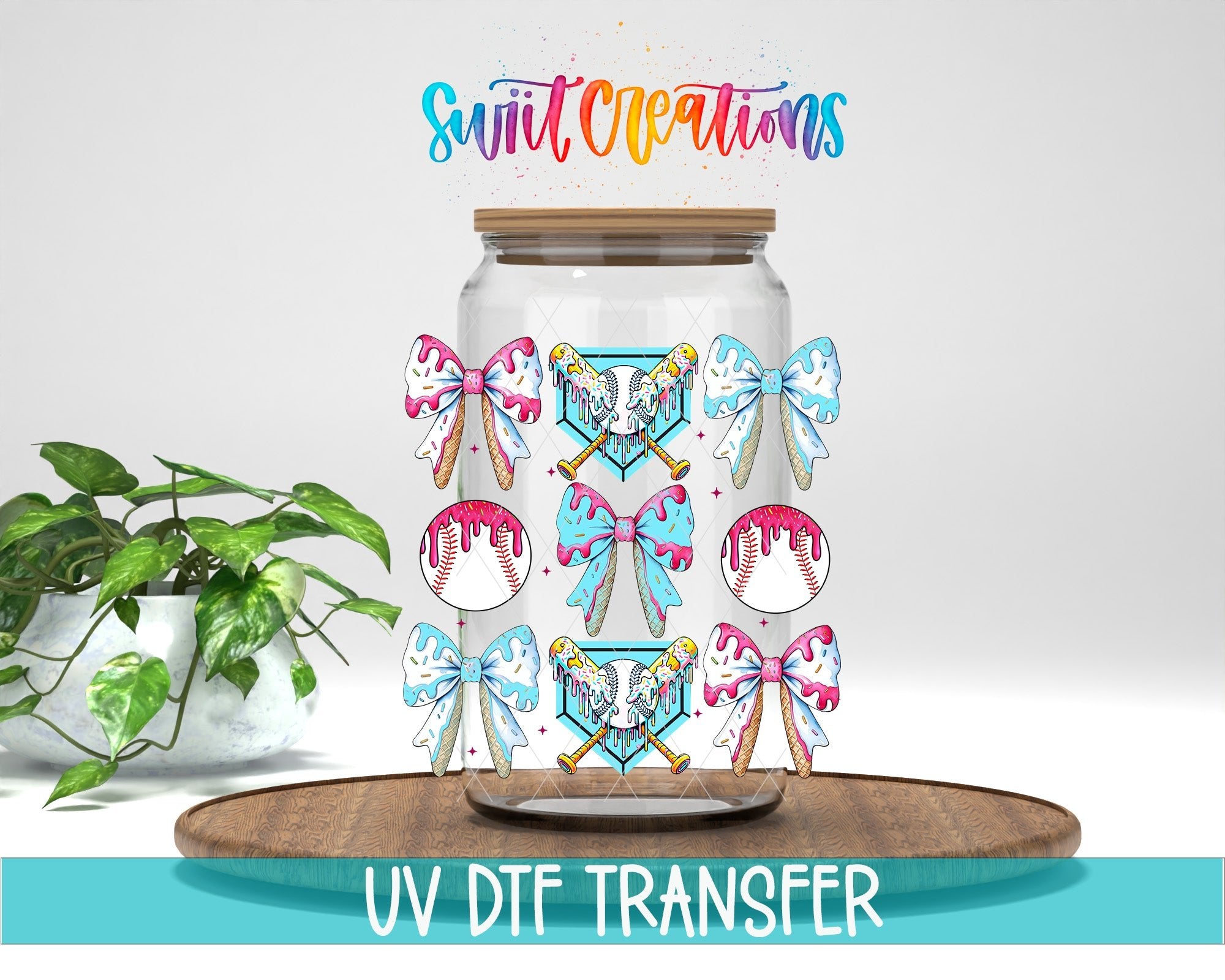 Baseball Coquette UV DTF transfer displayed on a clear jar mockup from Swiit Creations