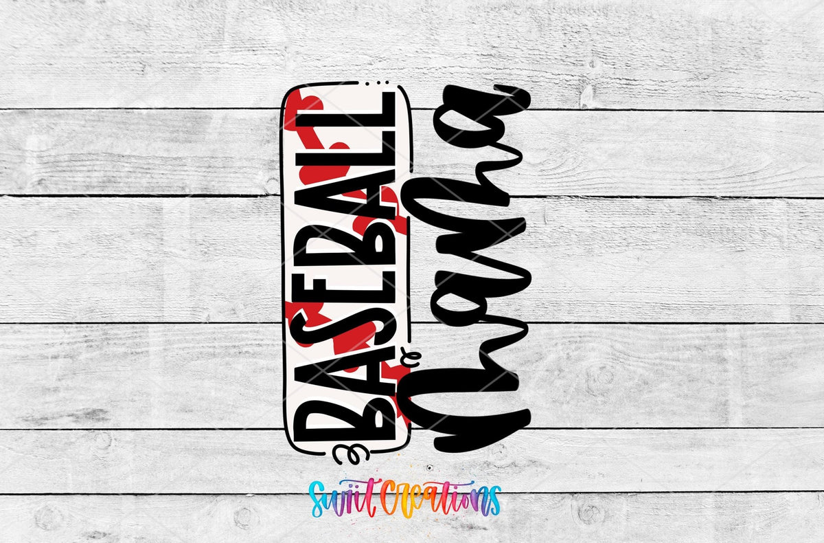 Baseball Mama UV DTF transfer artwork on a gray wood background