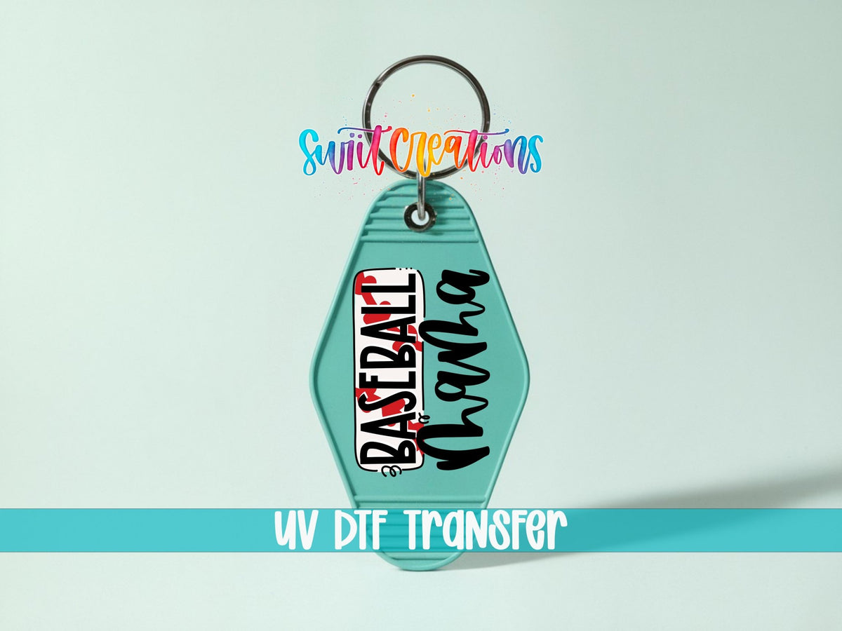 Baseball Mama UV DTF transfer on a teal motel keychain on a mint background