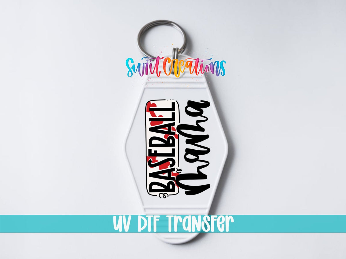 Baseball Mama UV DTF transfer on a white motel keychain on a white background
