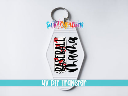 Baseball Mama UV DTF transfer on a white motel keychain on a white background