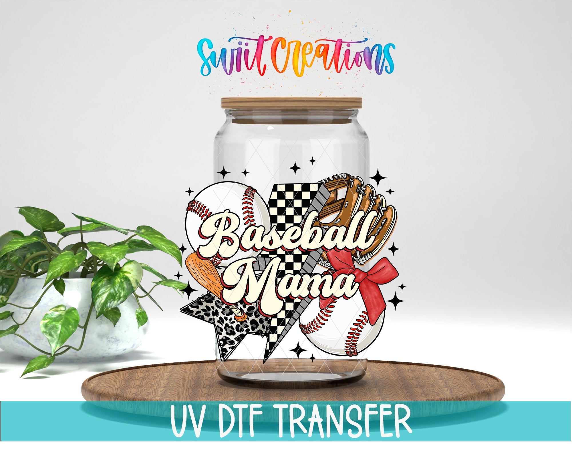Baseball Mama UV DTF transfer displayed on a clear jar mockup from Swiit Creations