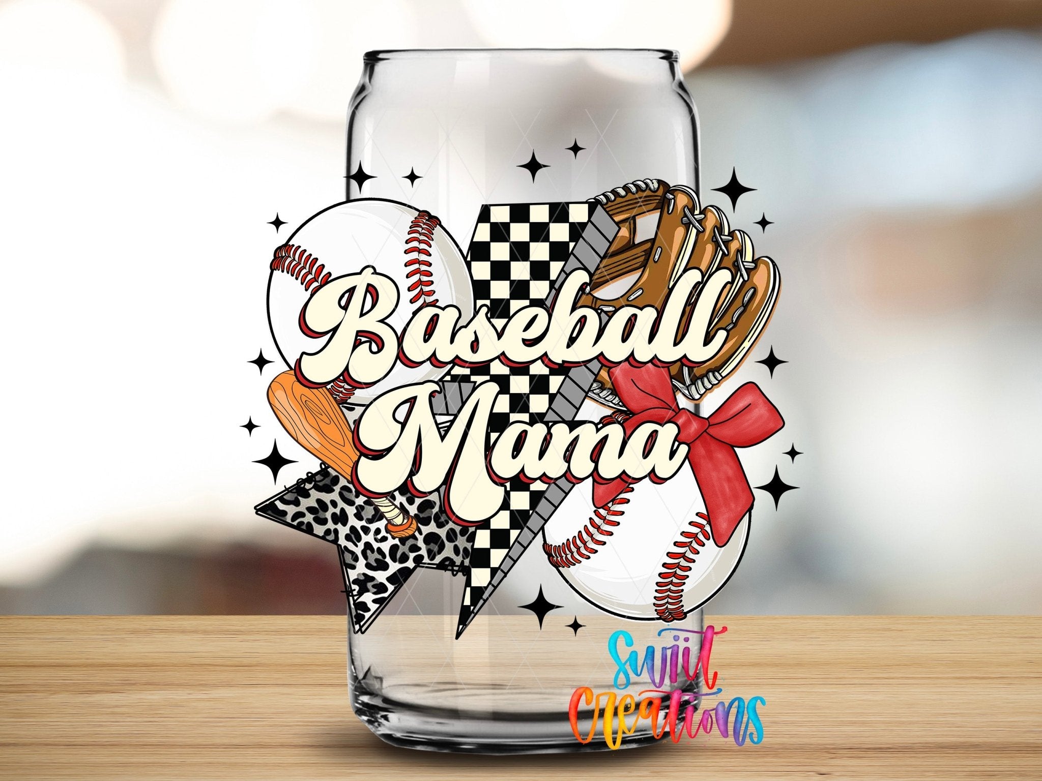 Baseball Mama UV DTF transfer applied to a clear glass can from Swiit Creations