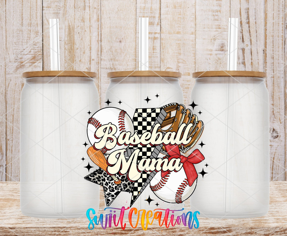Baseball Mama glove, bow, and leopard bolt UV DTF transfer on frosted glass cans with bamboo lids