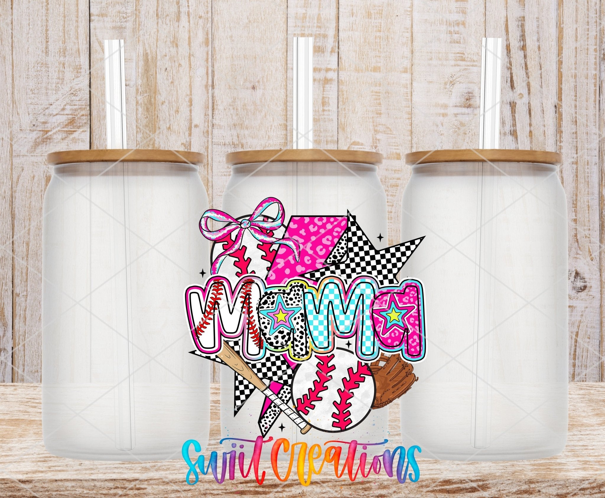 Baseball Mama UV DTF transfer applied to a clear glass can set from Swiit Creations