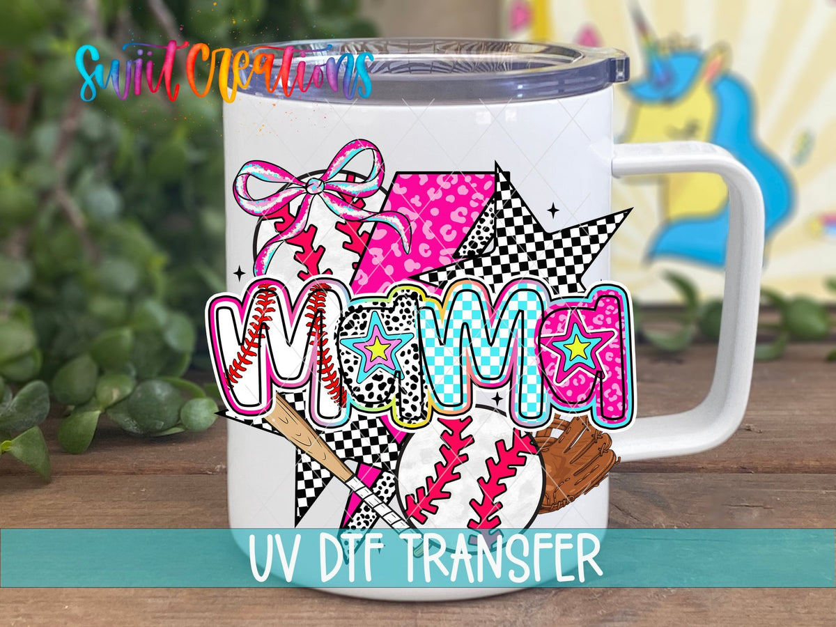 Baseball Mama pink bow and baseballs UV DTF transfer on a white stainless steel mug with a lid