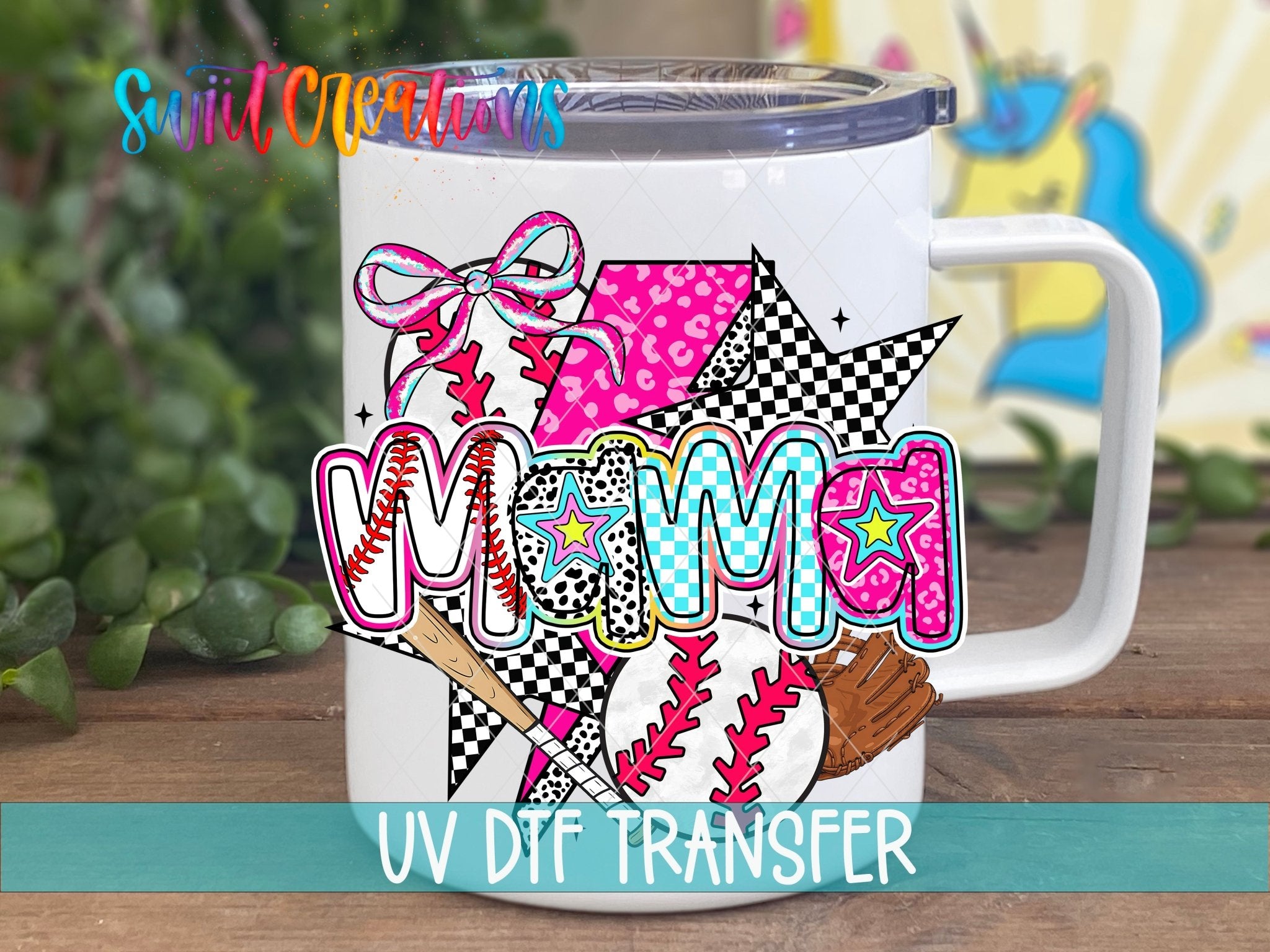 Baseball Mama UV DTF transfer displayed on a white coffee mug from Swiit Creations