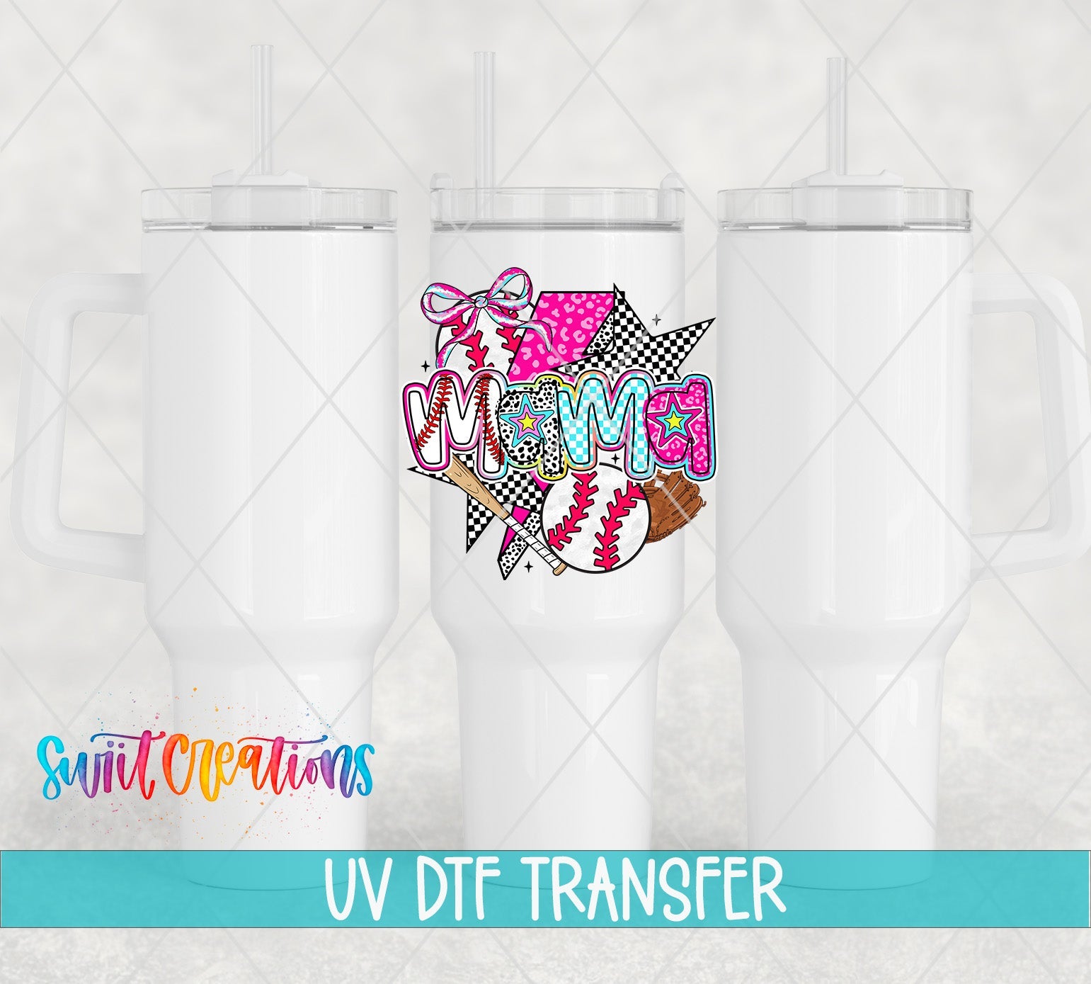 Baseball Mama UV DTF transfer applied to a white tumbler set from Swiit Creations