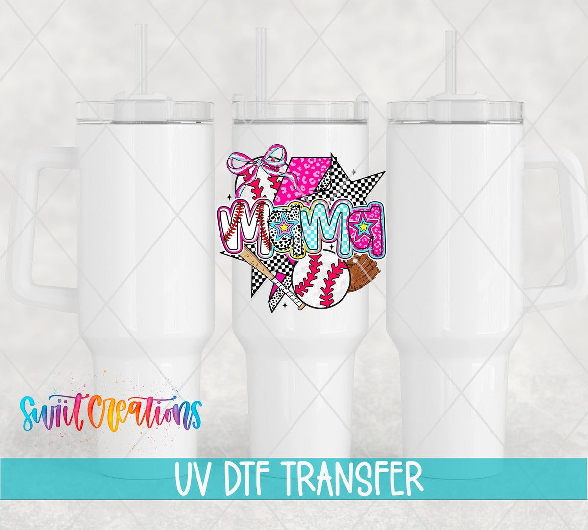 Baseball Mama pink bow and baseballs UV DTF transfer on white 40 oz tumblers