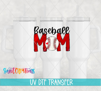 Baseball Mom red letters and baseball UV DTF transfer on white 40 oz tumblers