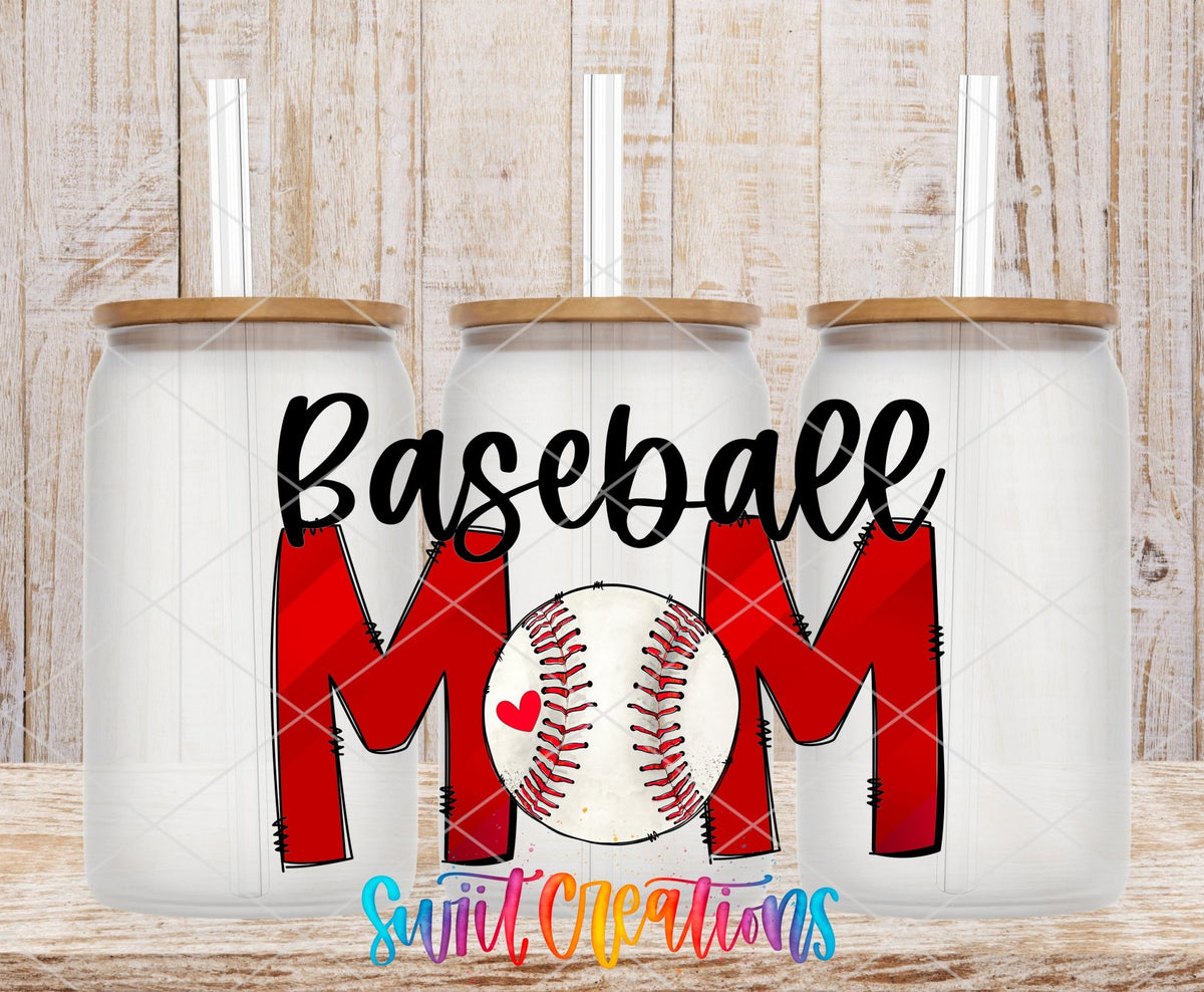Baseball Mom red letters and baseball UV DTF transfer on frosted glass cans with bamboo lids