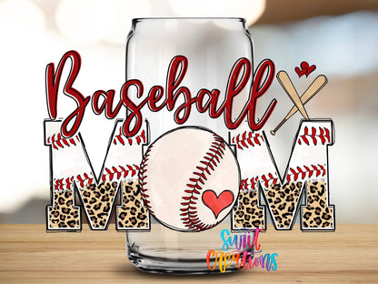 Close-up of the Baseball Mom UV DTF wrap on a clear glass can