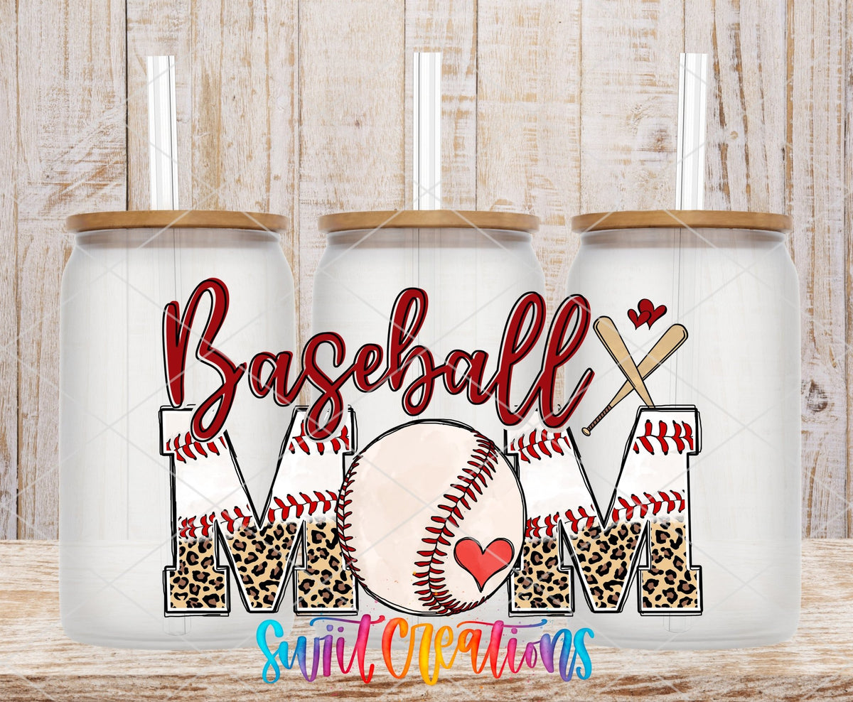 Baseball Mom UV DTF wrap on three clear glass cans with bamboo lids