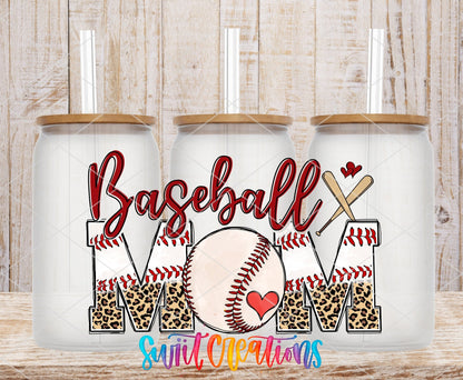 Baseball Mom UV DTF wrap on three clear glass cans with bamboo lids