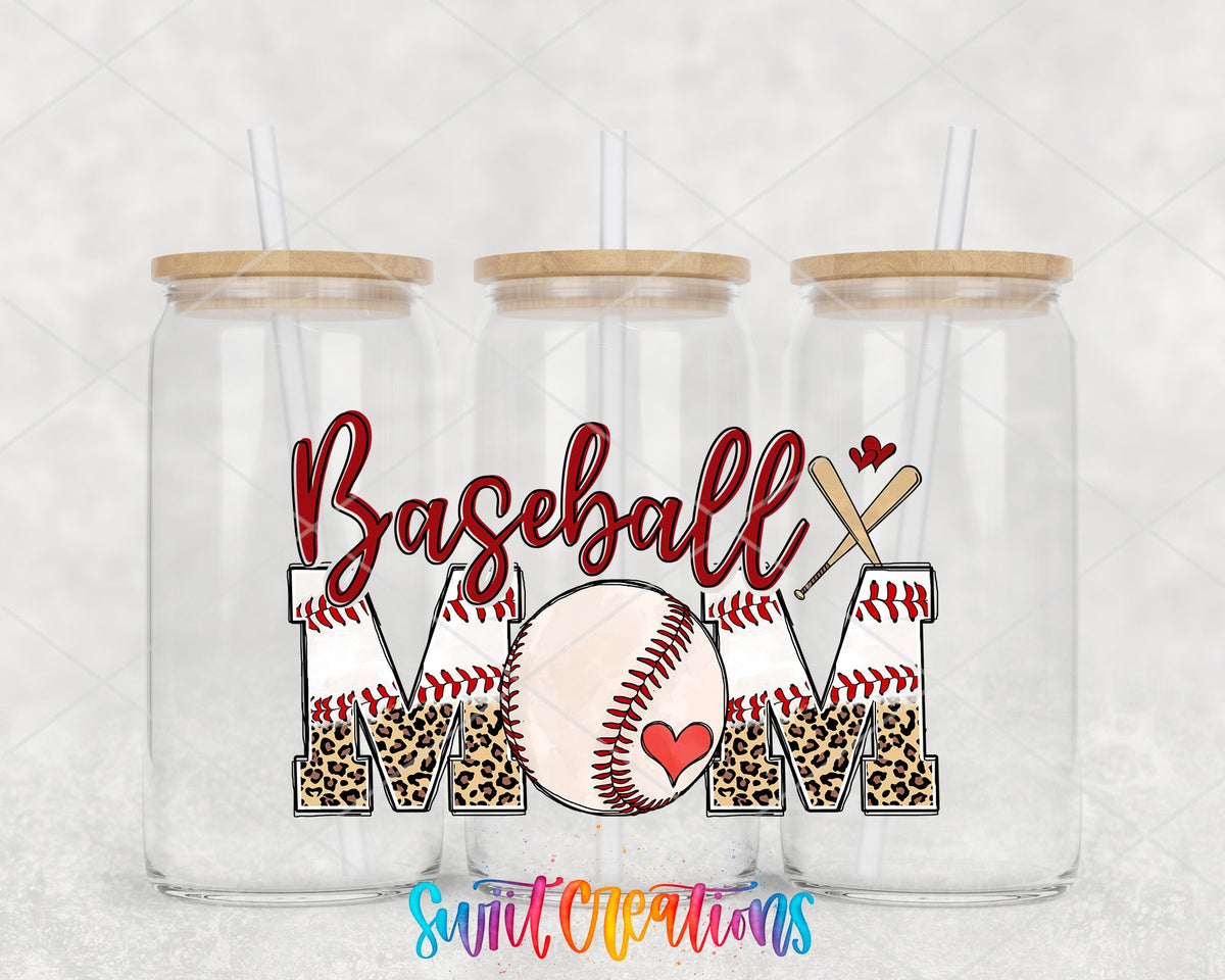 Baseball Mom UV DTF wrap on three glass cans