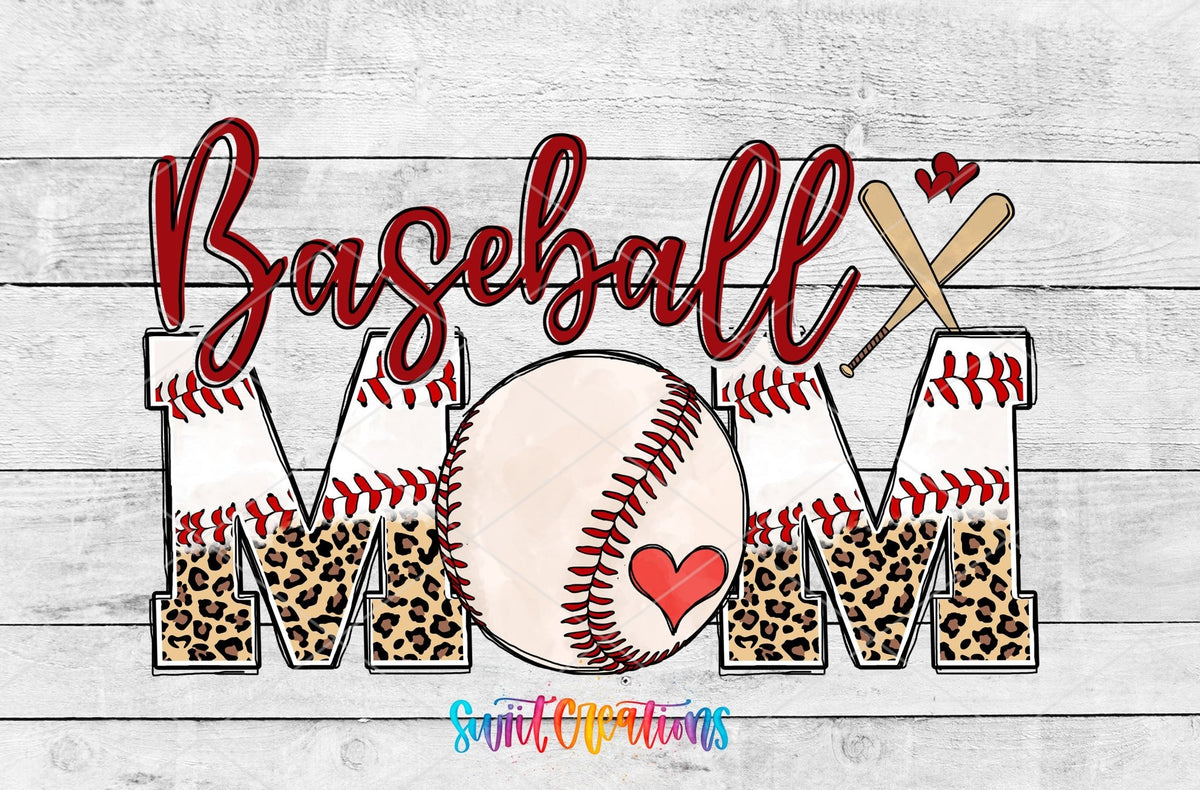 Baseball Mom UV DTF wrap artwork on a white wood background