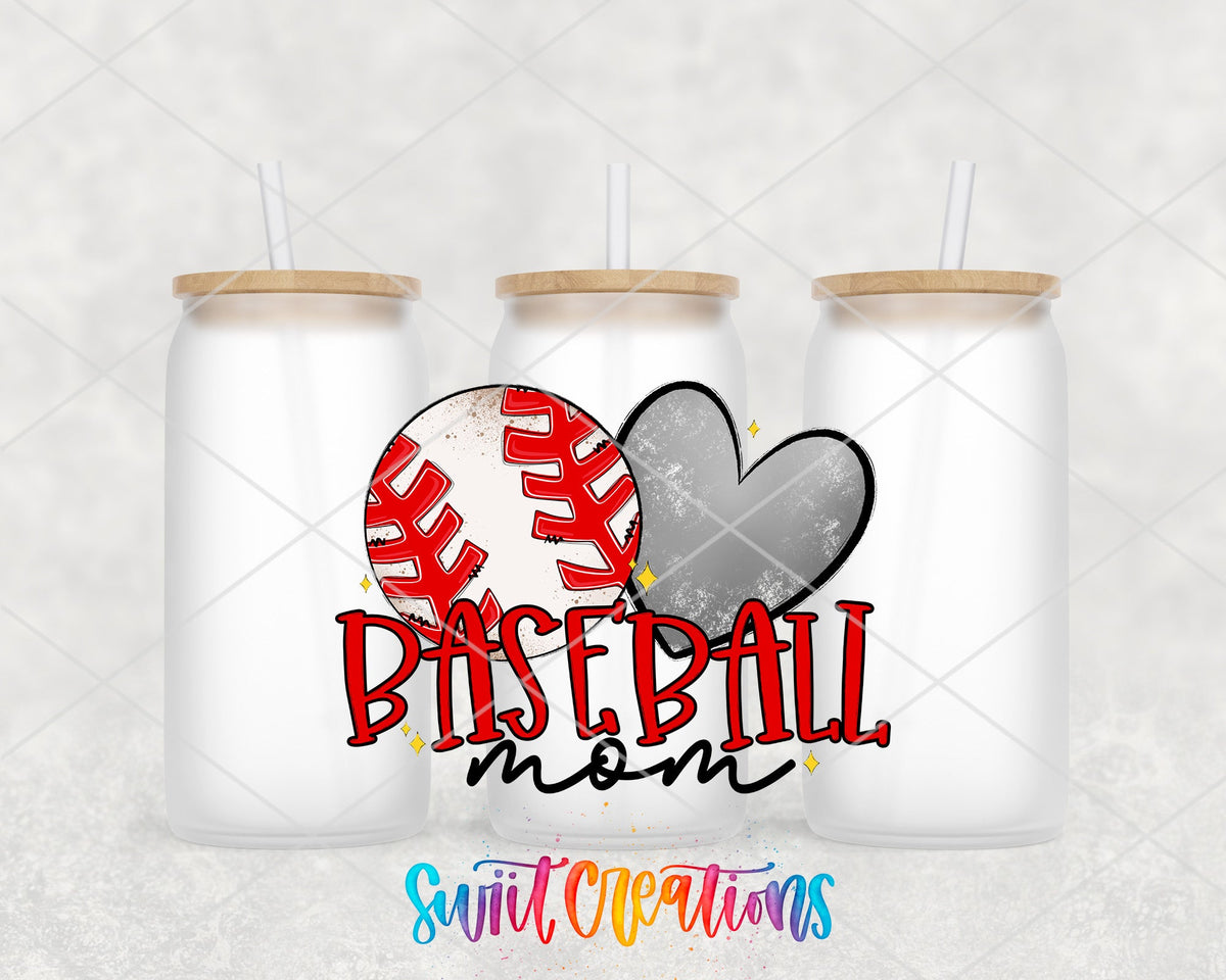 Baseball Mom baseball and gray heart UV DTF wrap on three frosted glass cans