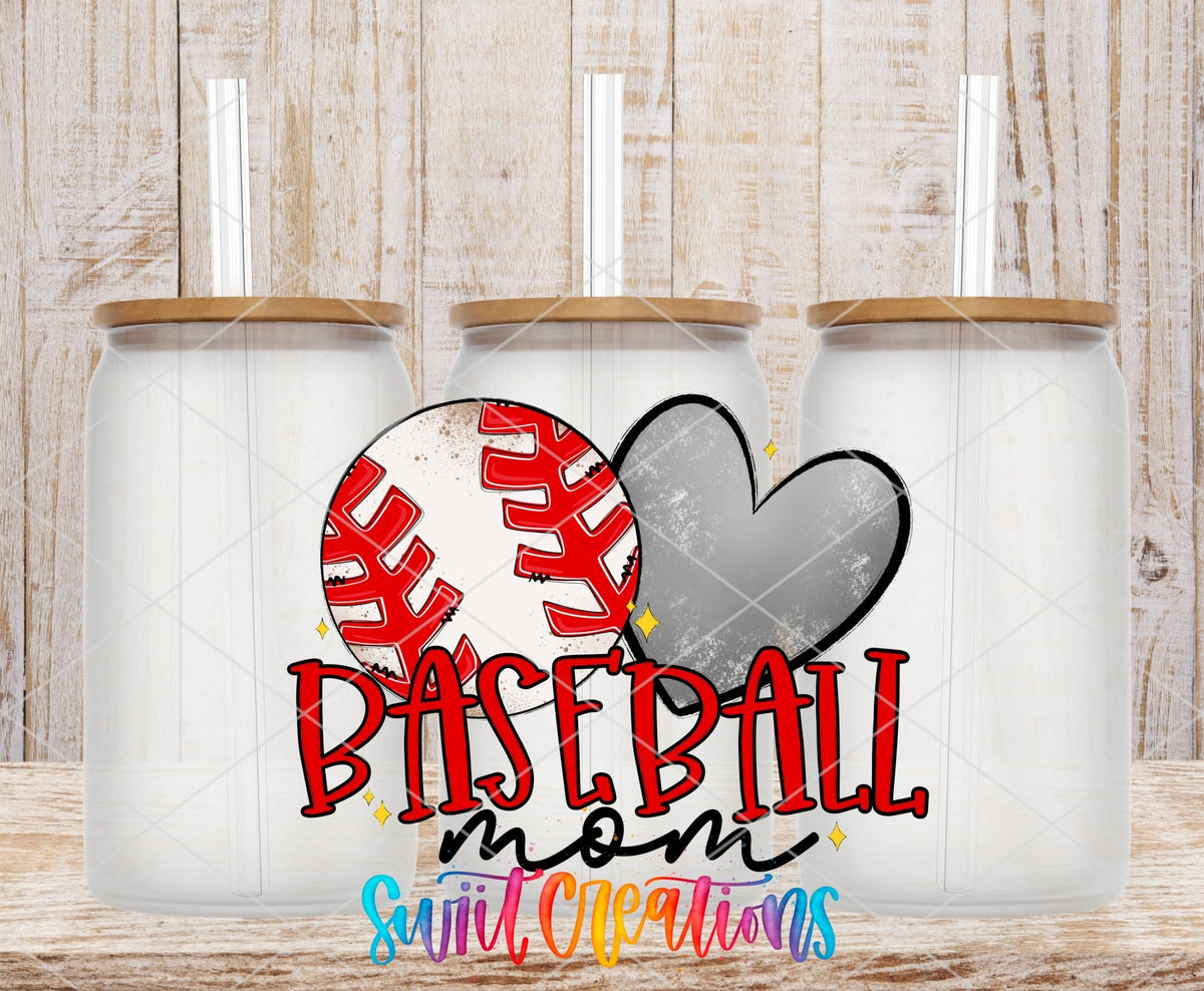 Baseball Mom baseball and gray heart UV DTF wrap on three clear glass cans with bamboo lids