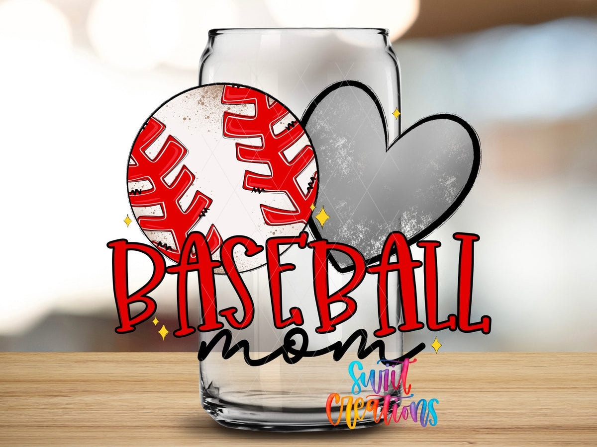 Close-up of the Baseball Mom baseball and gray heart UV DTF wrap on a clear glass can