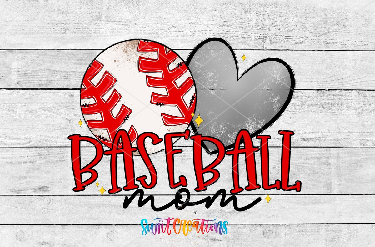 Baseball Mom baseball and gray heart UV DTF wrap artwork on a white wood background