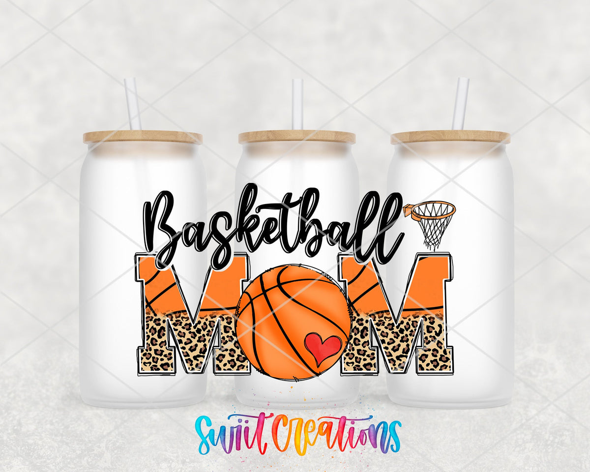 Basketball Mom UV DTF wrap on three frosted glass cans