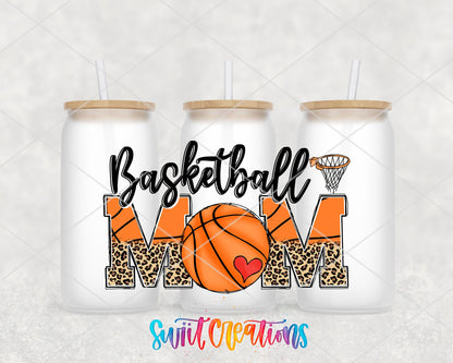 Basketball Mom UV DTF wrap on three frosted glass cans