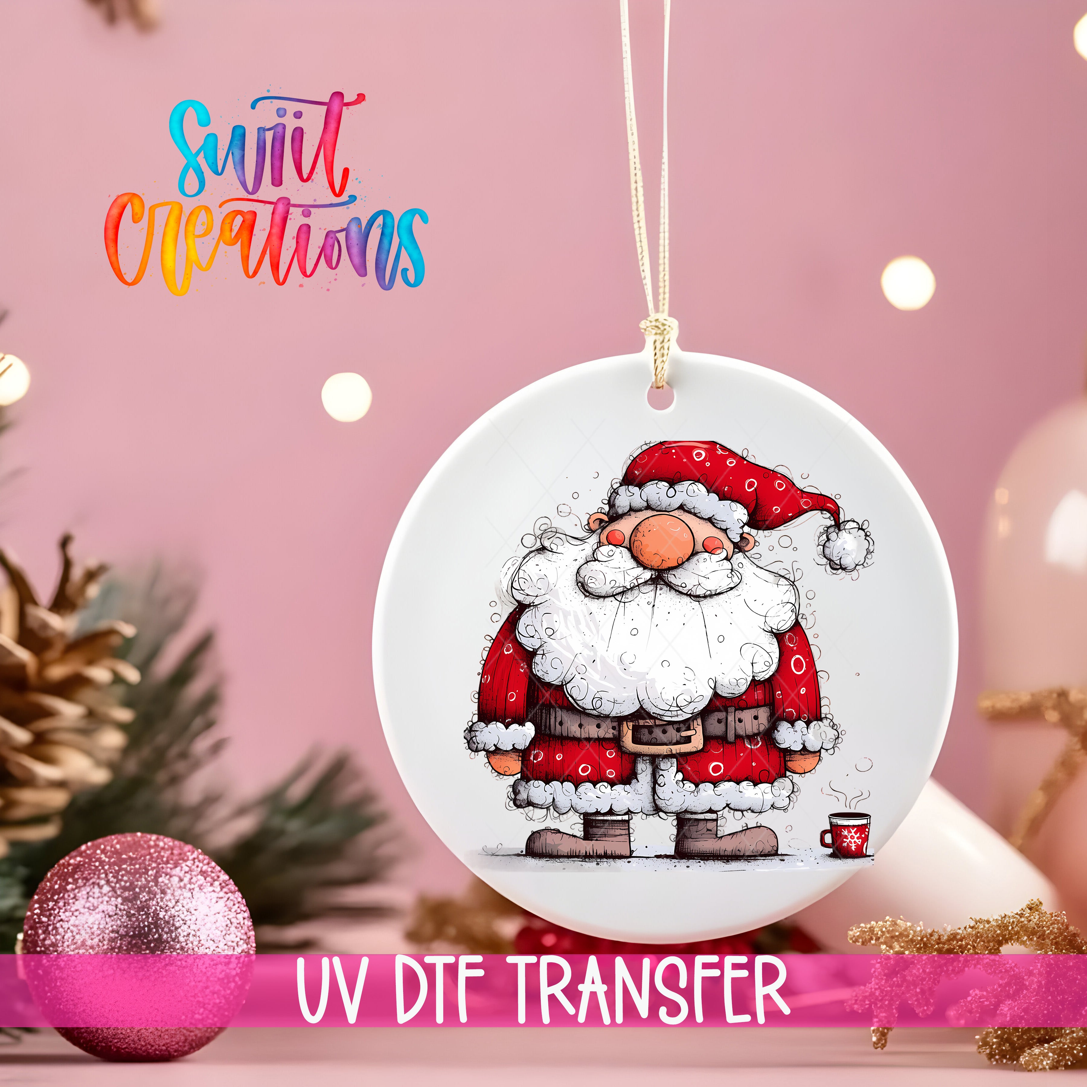 A white ceramic ornament featuring a cartoon Santa Claus figure is hanging on a string against a pink background.