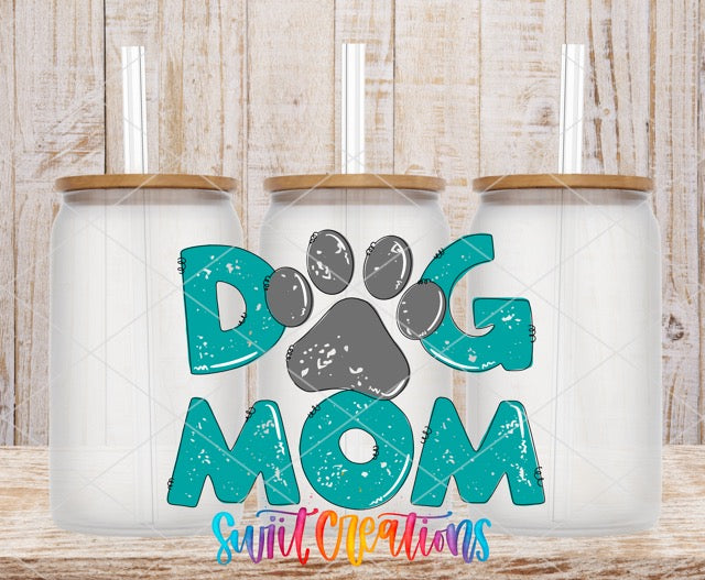two coffee mugs with a dog mom design on them