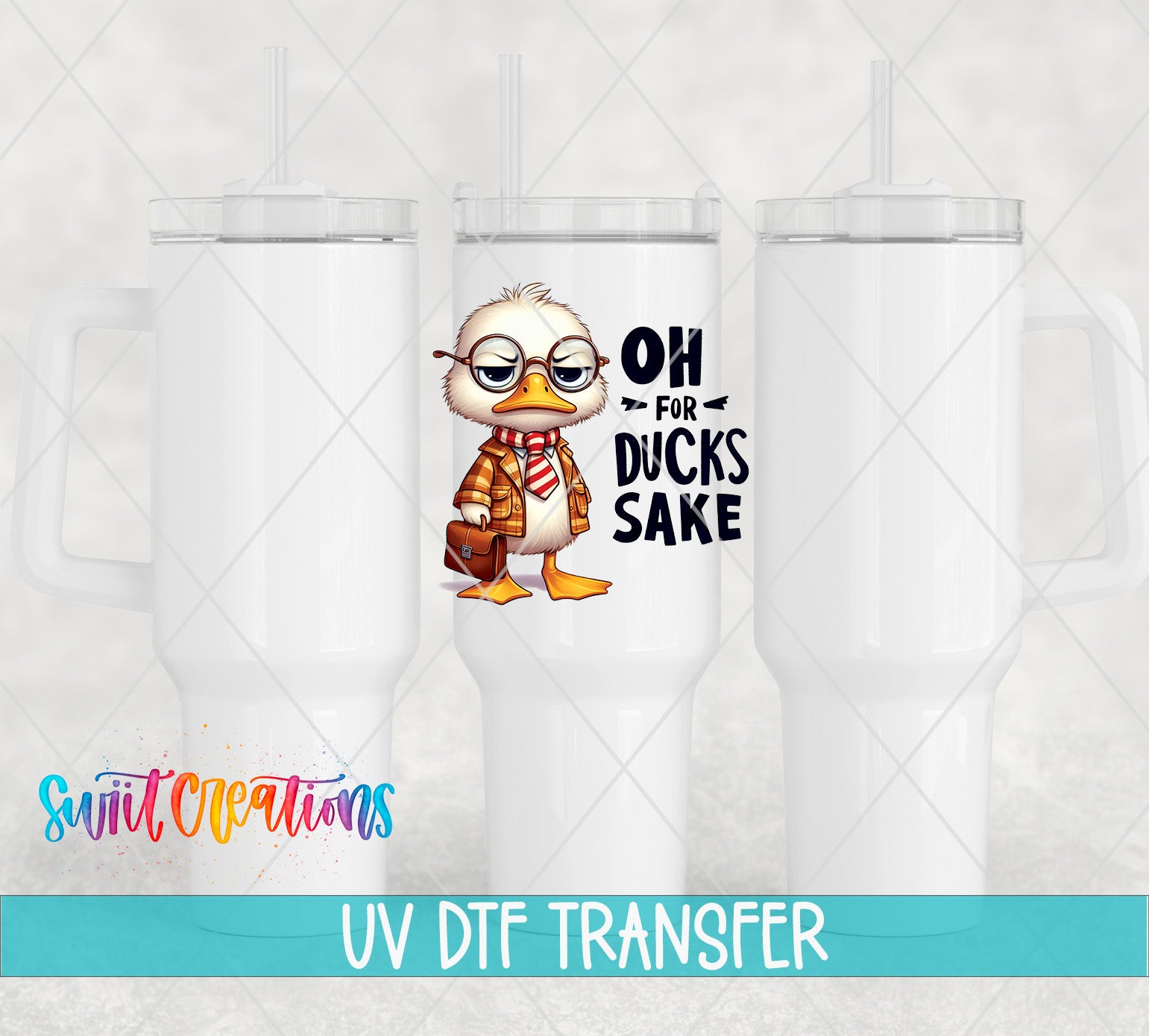 a white ceramic mug with a cartoon duck wearing glasses and a scarf, along with a text overlay that says "OH FOR DUCKS SAKE".